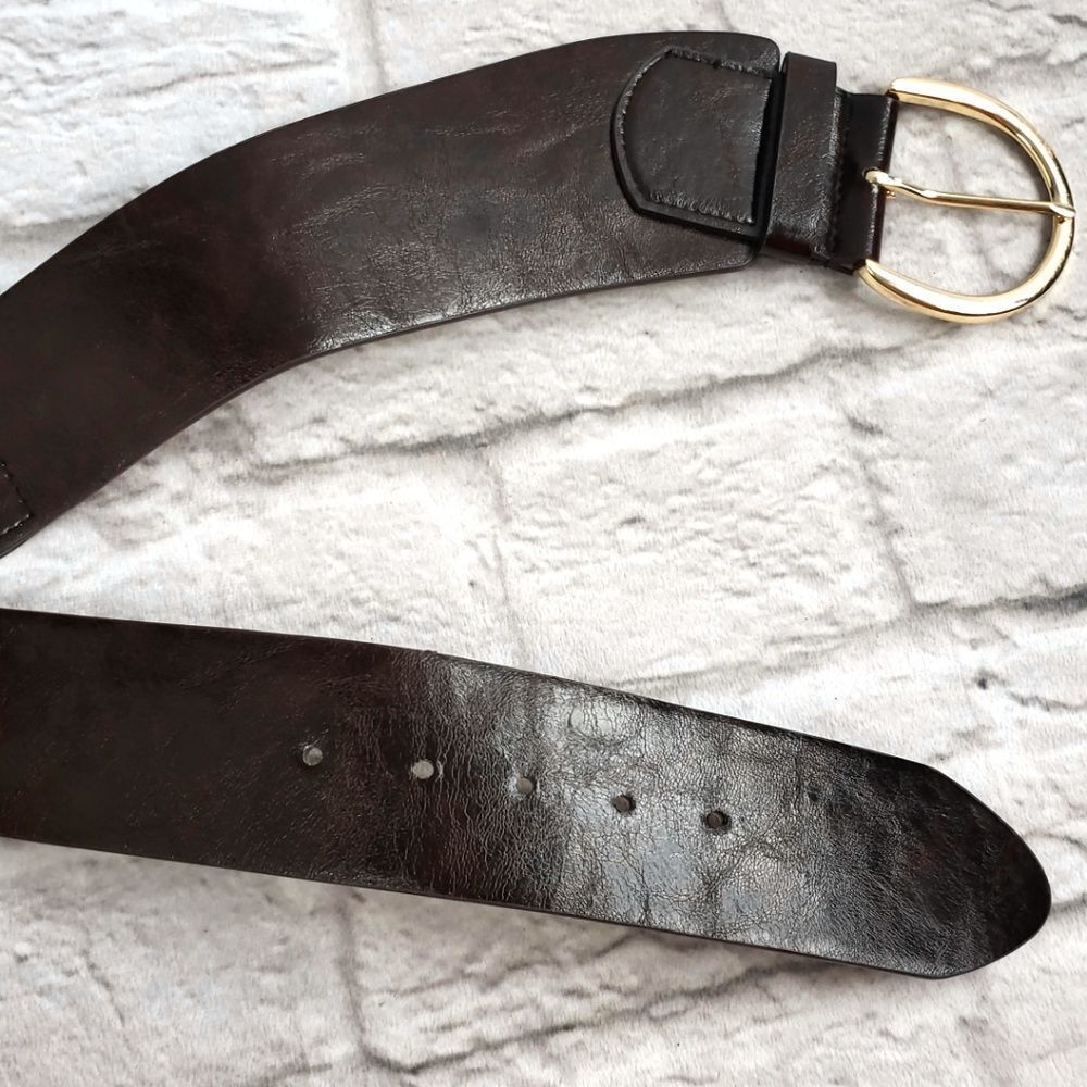 Brown Faux Leather V shaped Belt Gold Toned Buckle - Picture 3 of 6
